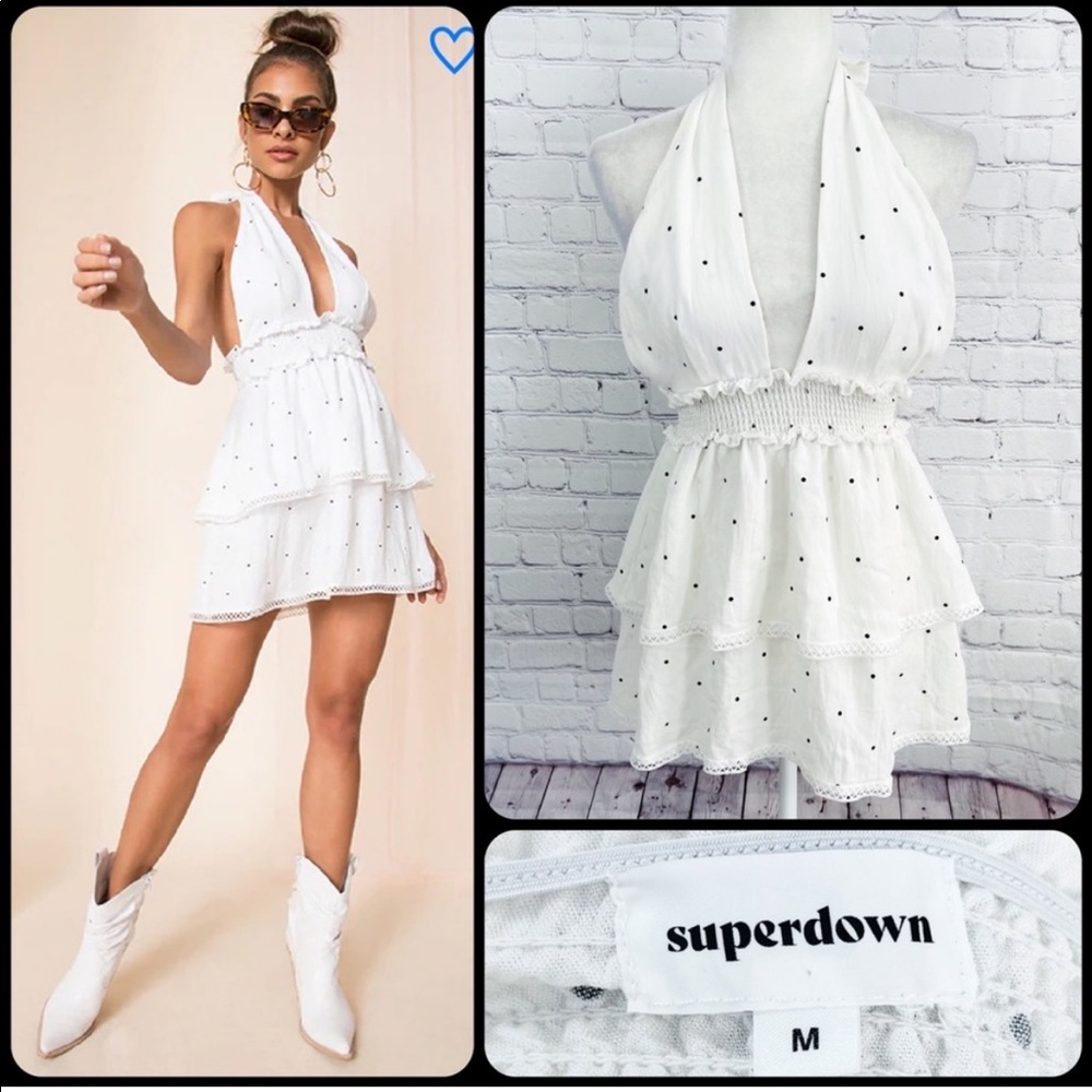 SUPERDOWN Emilia White with Black Polka Dots Halter Mini Dress - MEDIUM